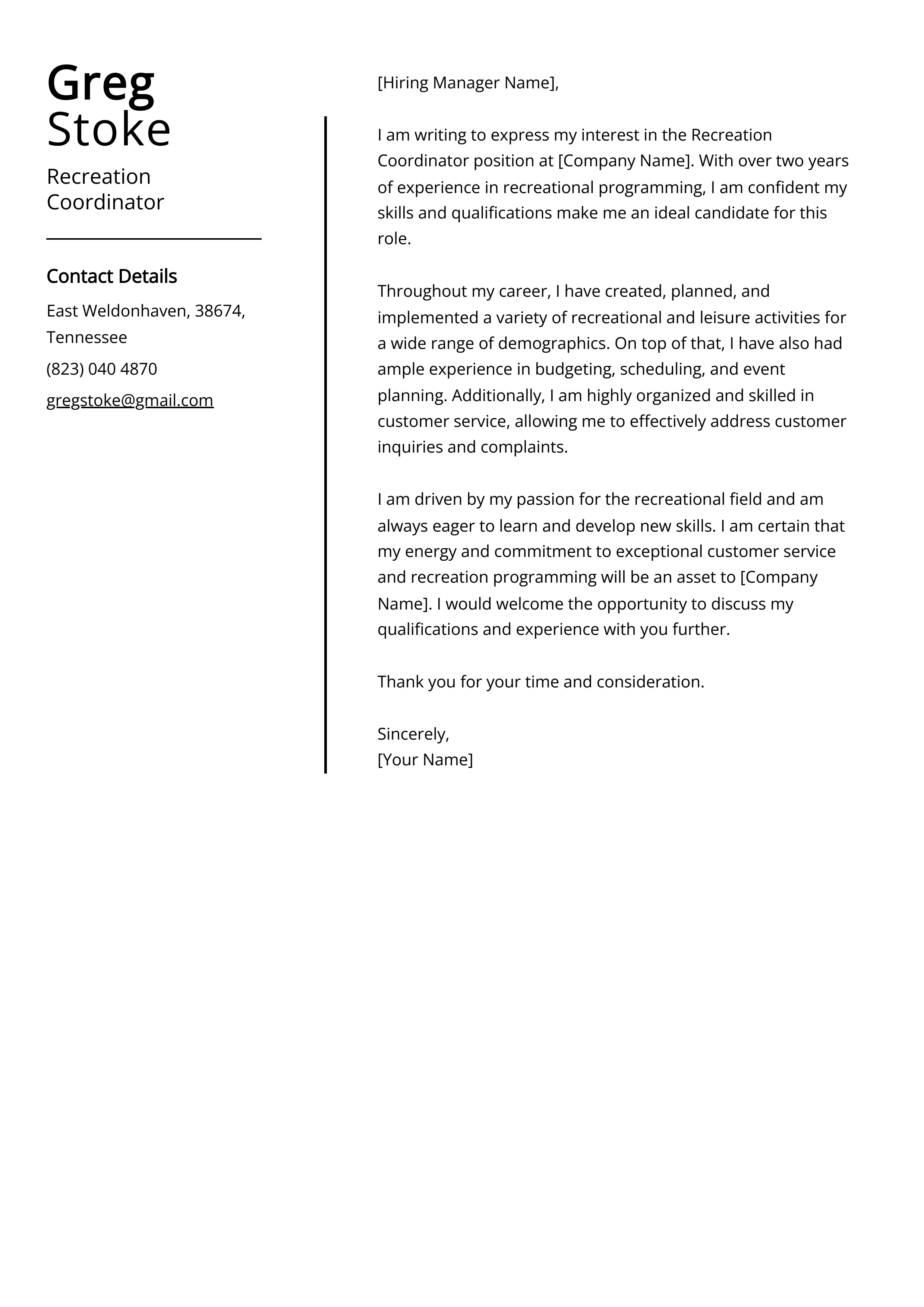 35486 recreation coordinator cover letter writing
