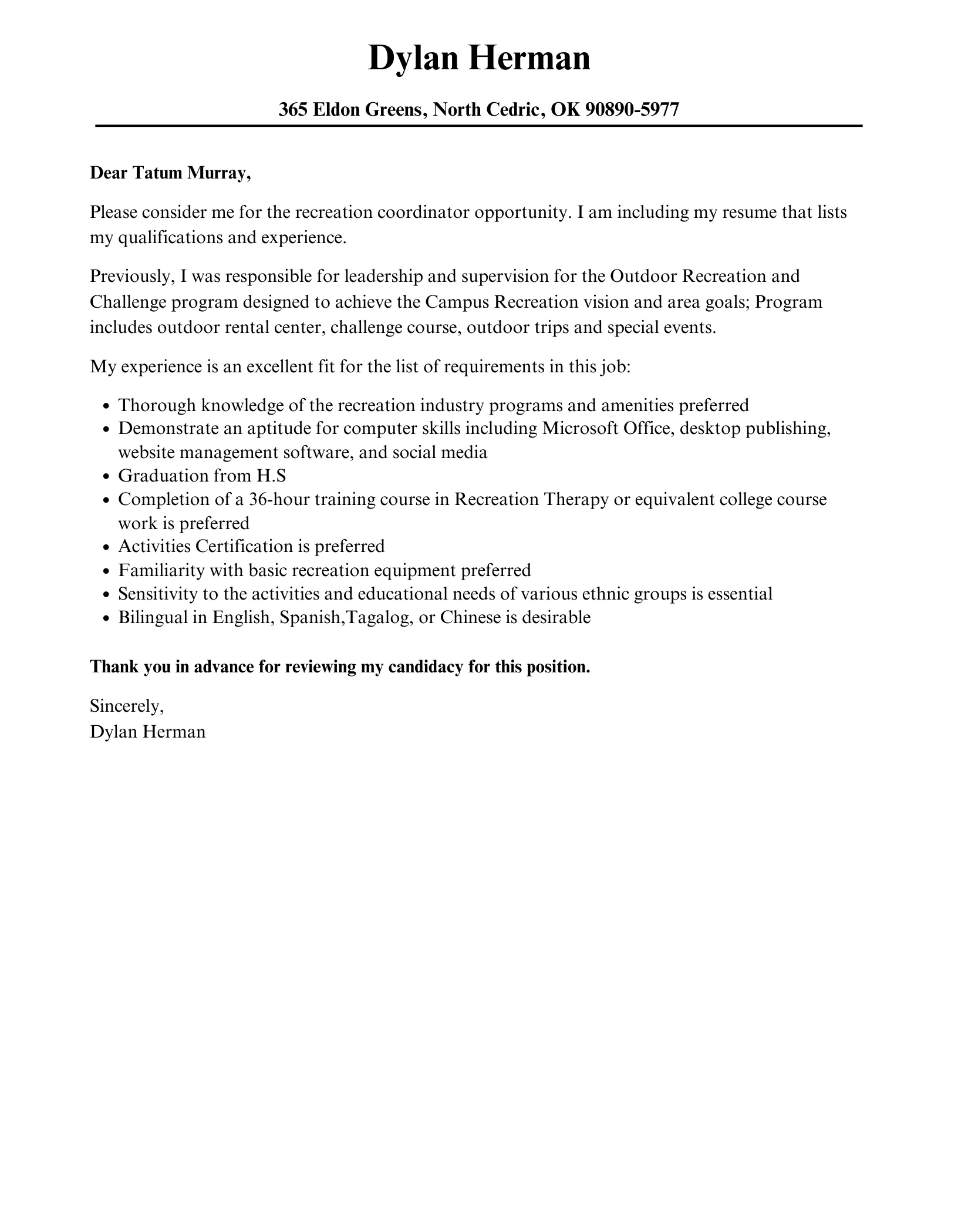 35486 recreation coordinator skills