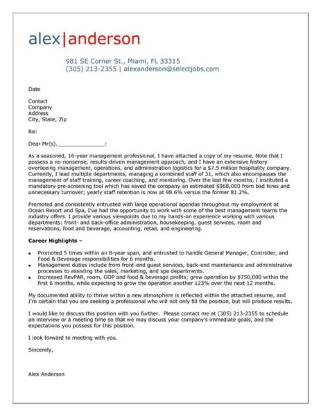 35545 hospitality cover letter structure