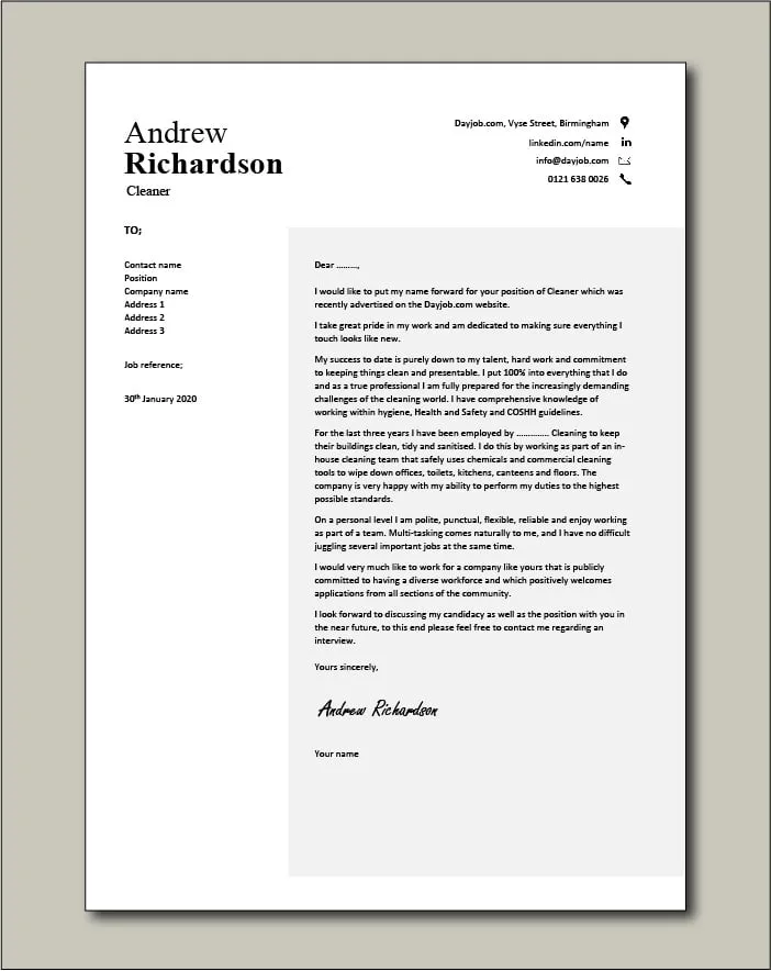 35590 cleaning job cover letter format