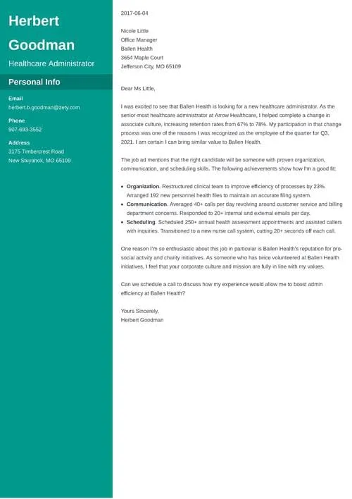 35625 healthcare cover letter experience