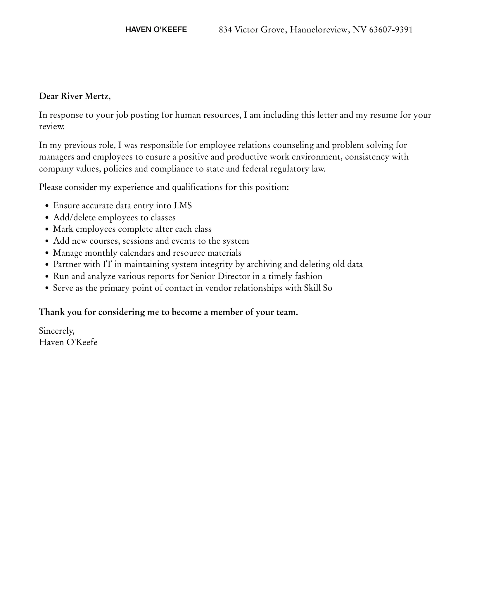 35667 entry level hr cover letter