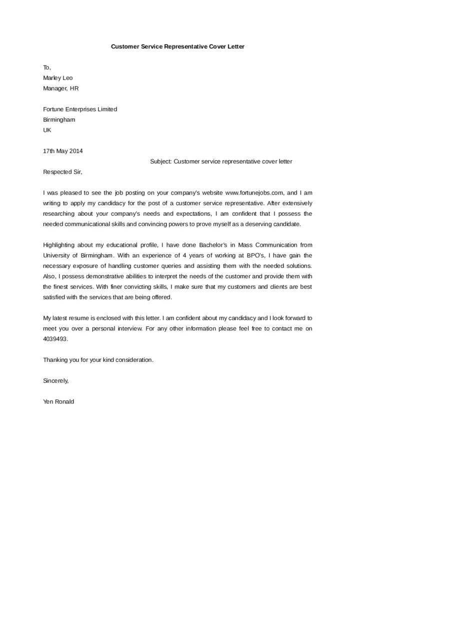 35708 customer service cover letter