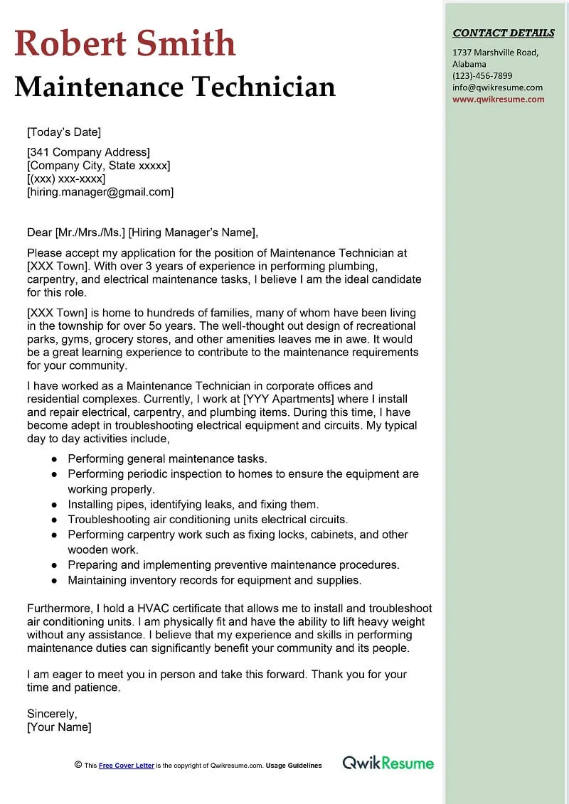 35729 maintenance cover letter