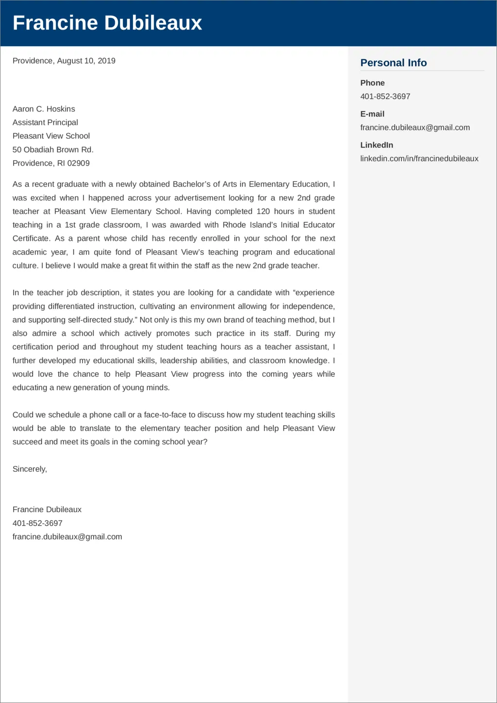 35749 teacher cover letter experience